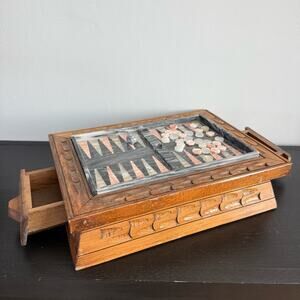 Vintage | Hand-Carved Wooden & Marble Stone Backgammon Game Set Storage Drawers